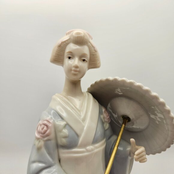 Vintage Porcelain Geisha Figurine w/ Parasol – Blue Kimono, Roses - Picture 6 of 8